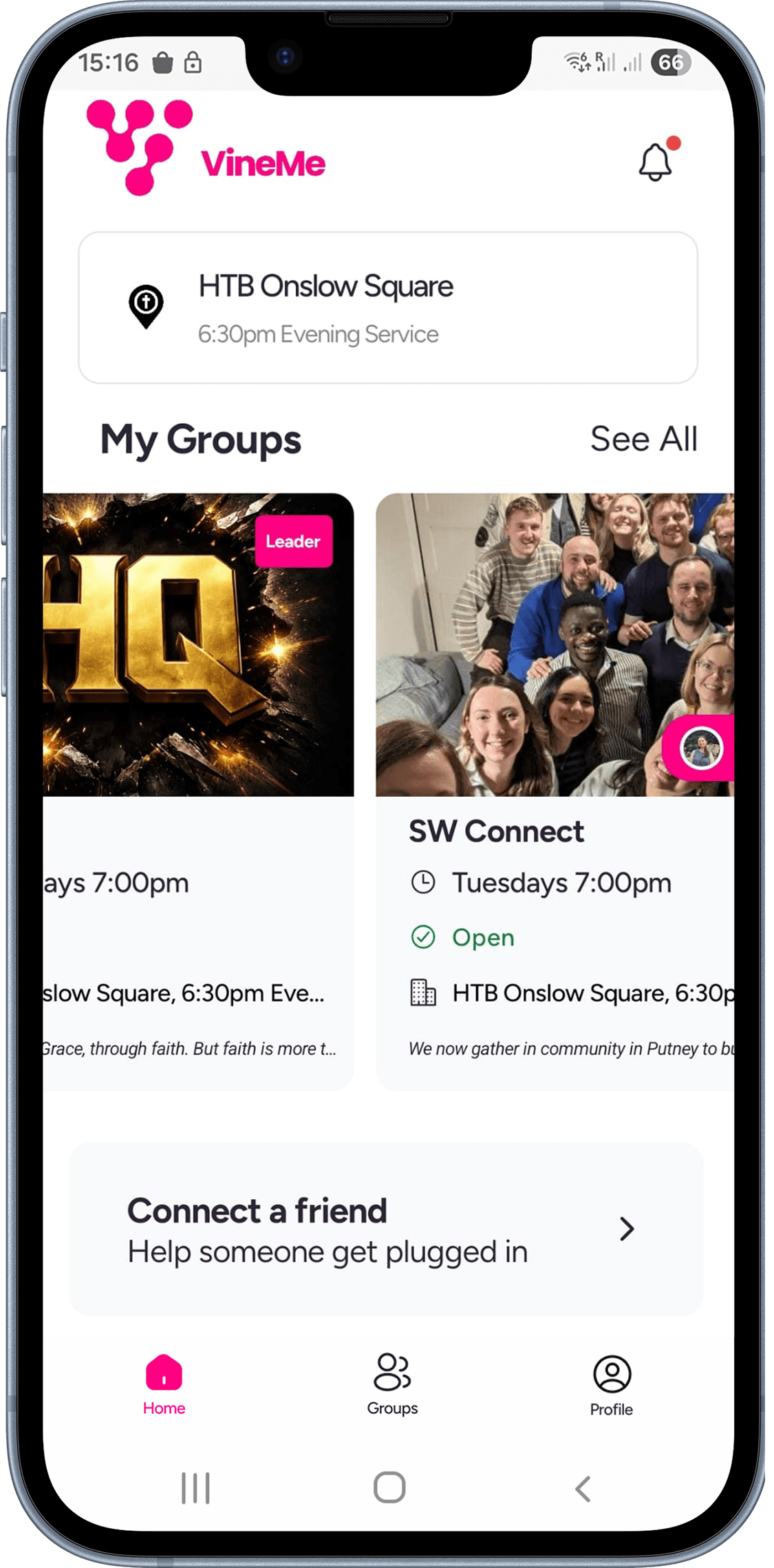VineMe home page showing user's groups