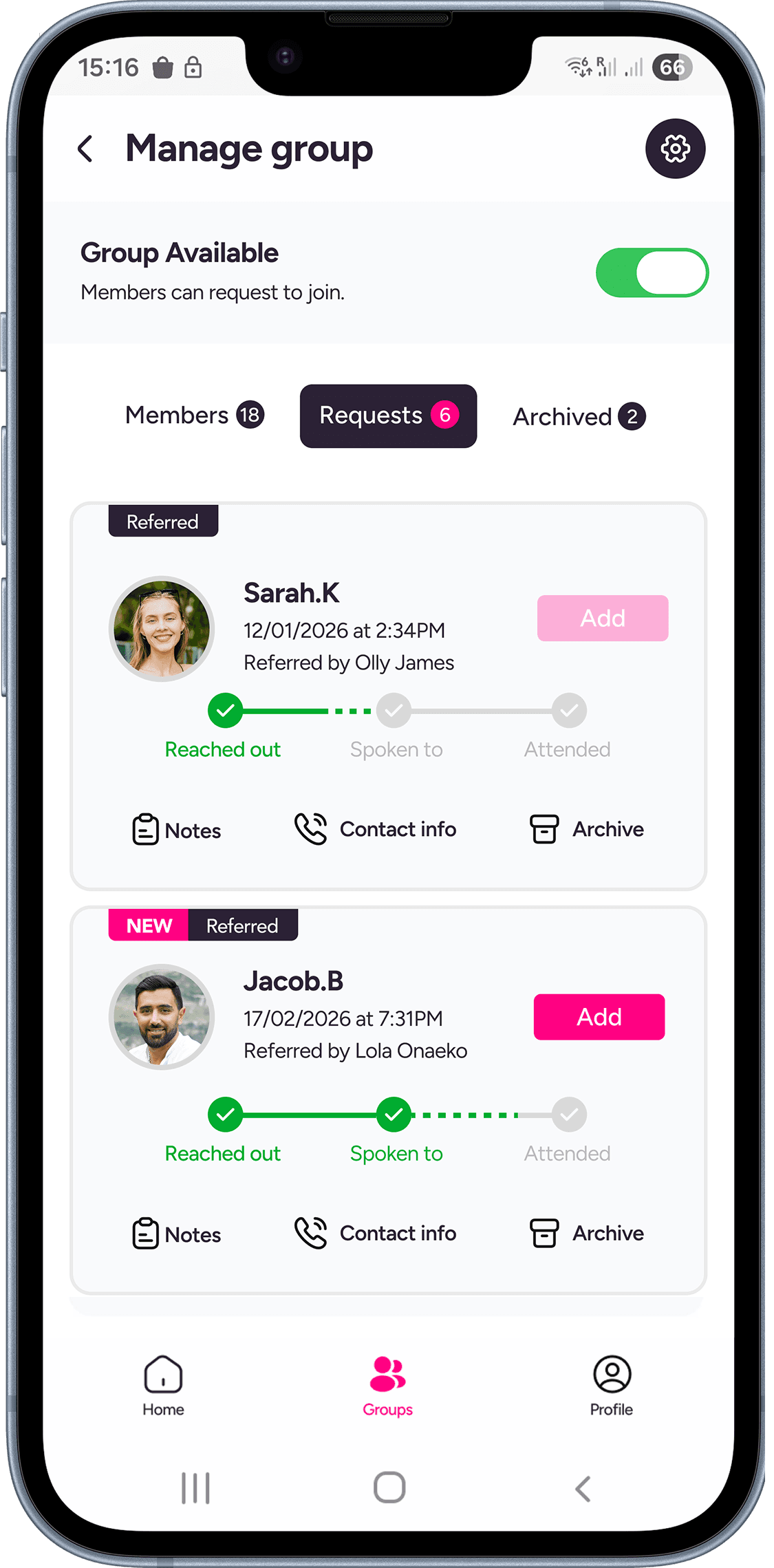 VineMe manage groups view